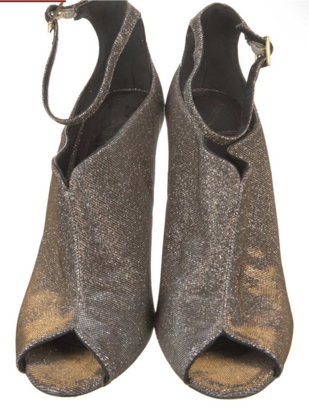 Brian Atwood Metallic Black and Gold Peep-Toe Slingback Heels
